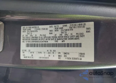 2013 Ford Escape Sel z USA, uszkodzony, nr VIN 1FMCU9H94DUD47804